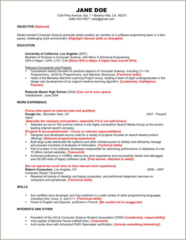 Computer Science Resume For Graduate School