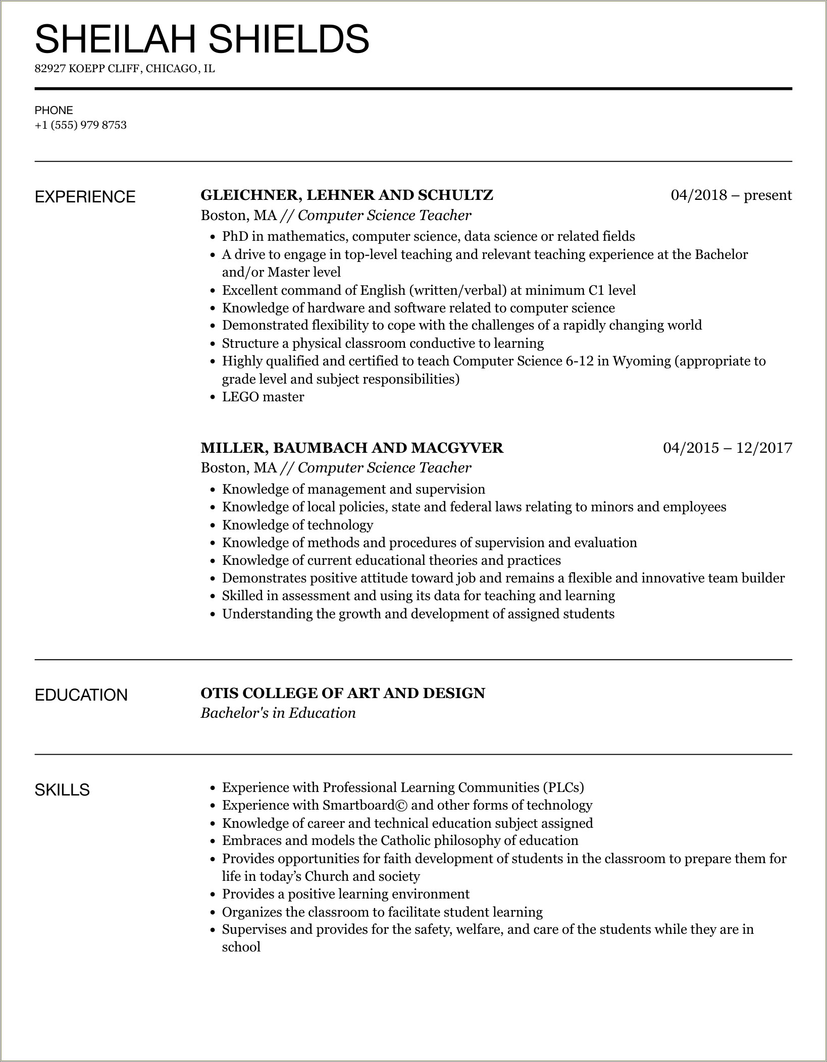 Computer Science Resume No Experience Example