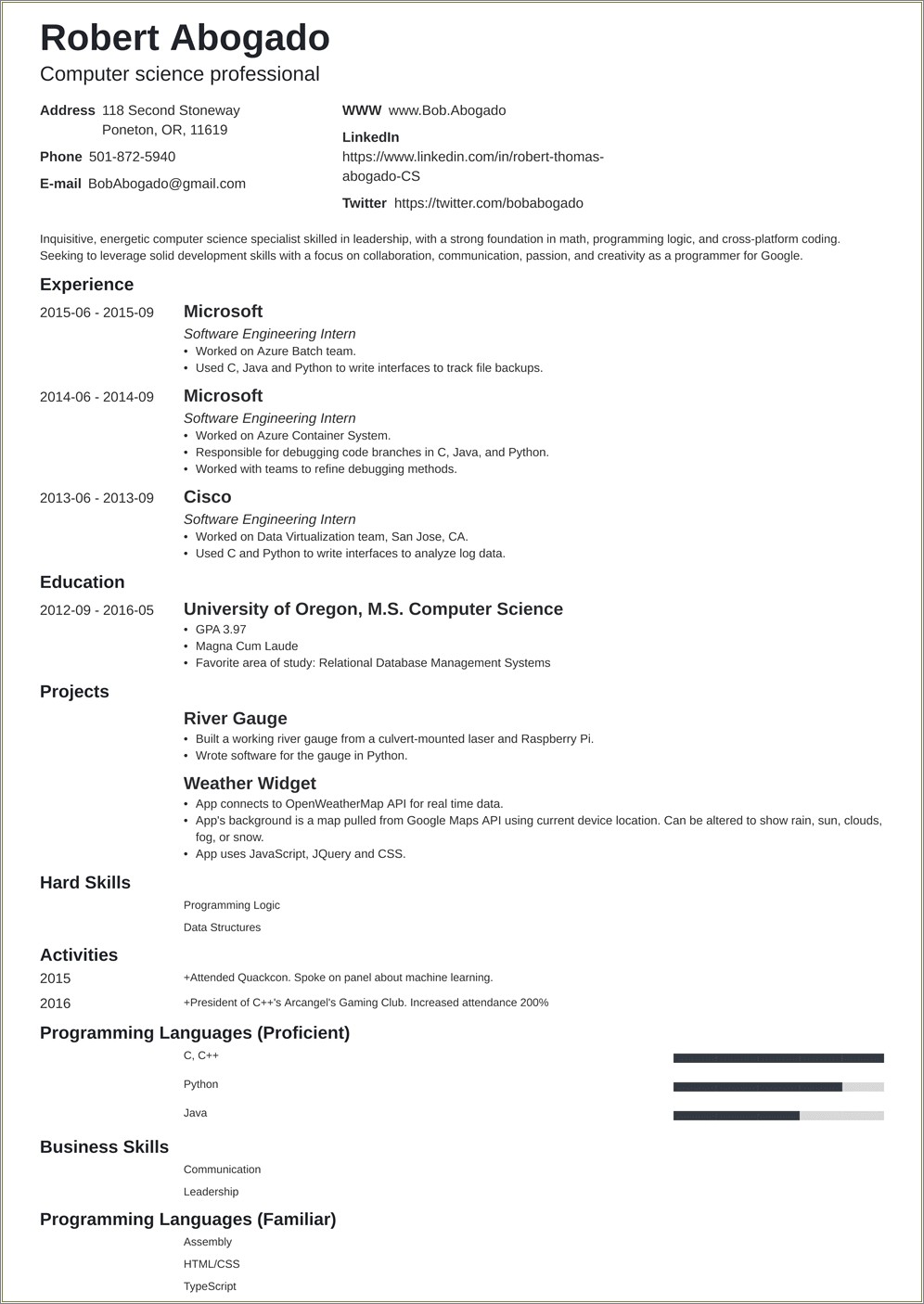 Computer Science Resume Skills From My Previous Courses