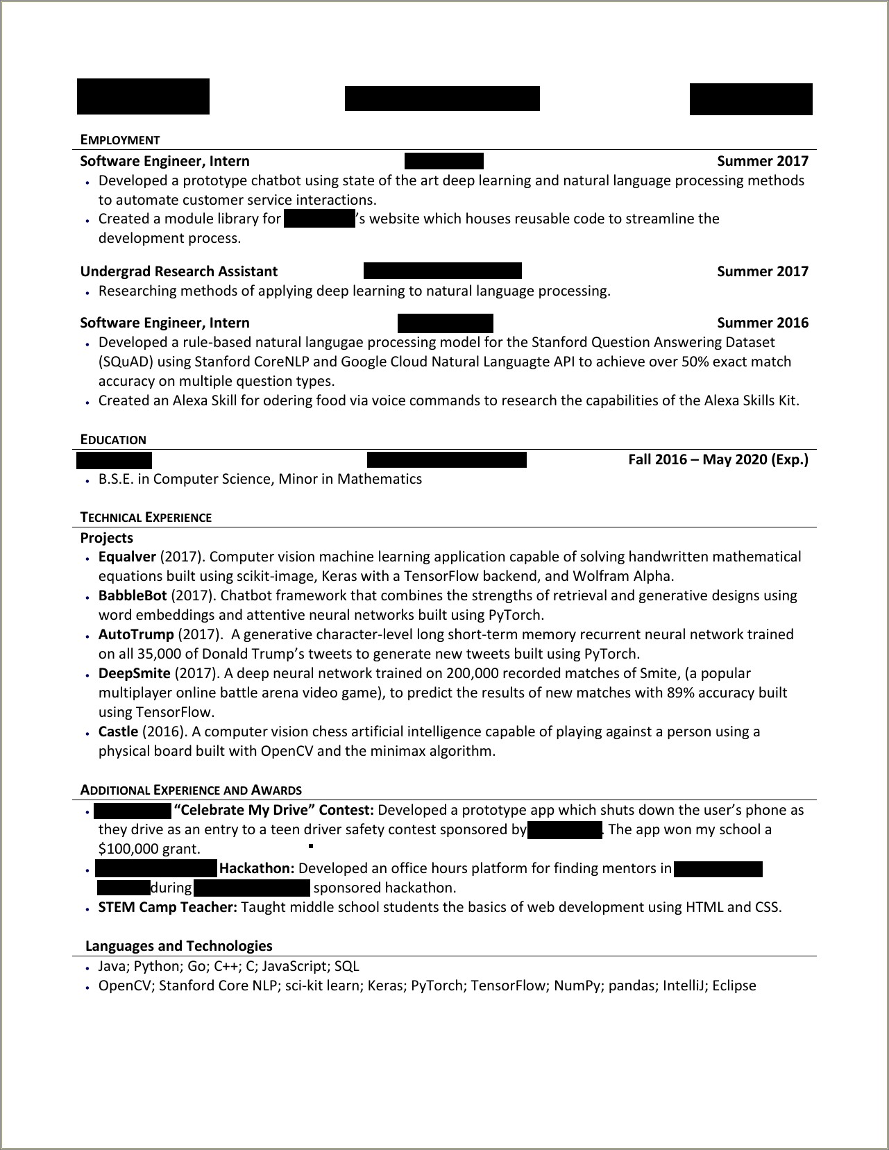 Computer Science Sample Resume For Intern Redit
