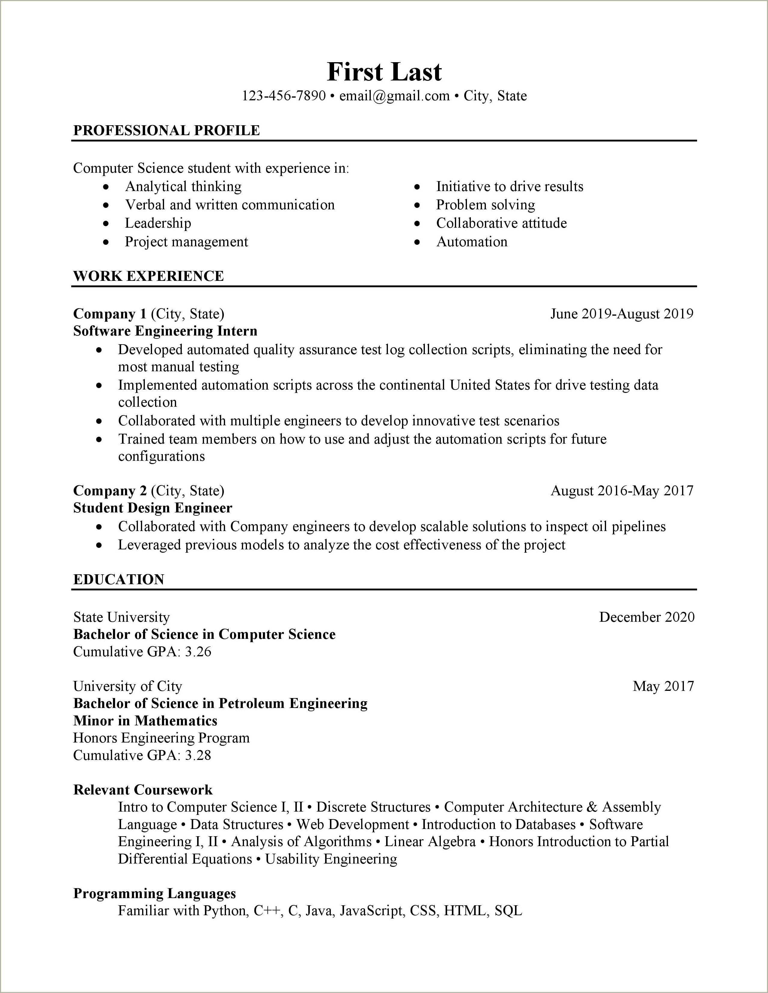 Computer Science Sample Resumes Internships Reddit