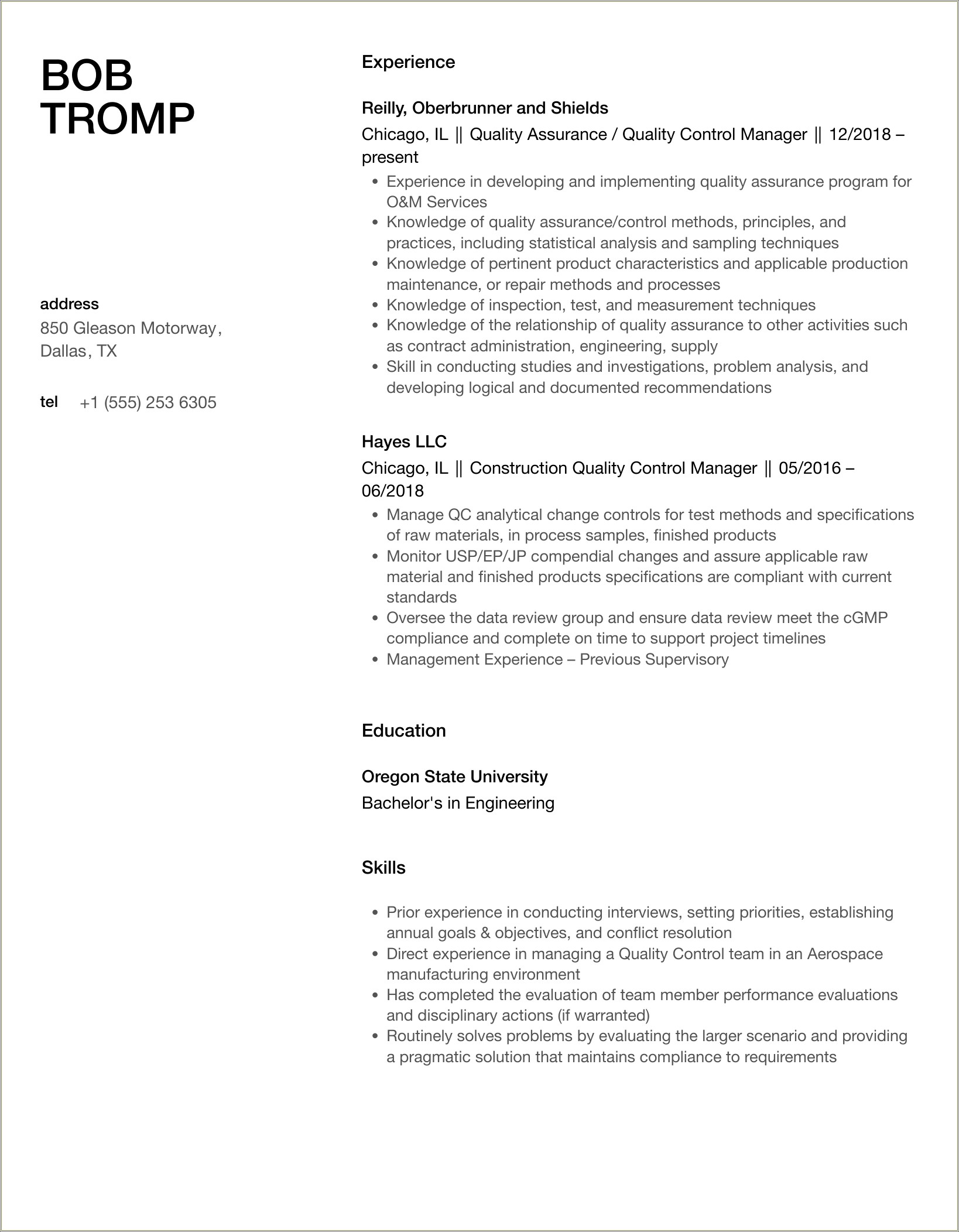 Construction Estimation Quality Control Manager Resume