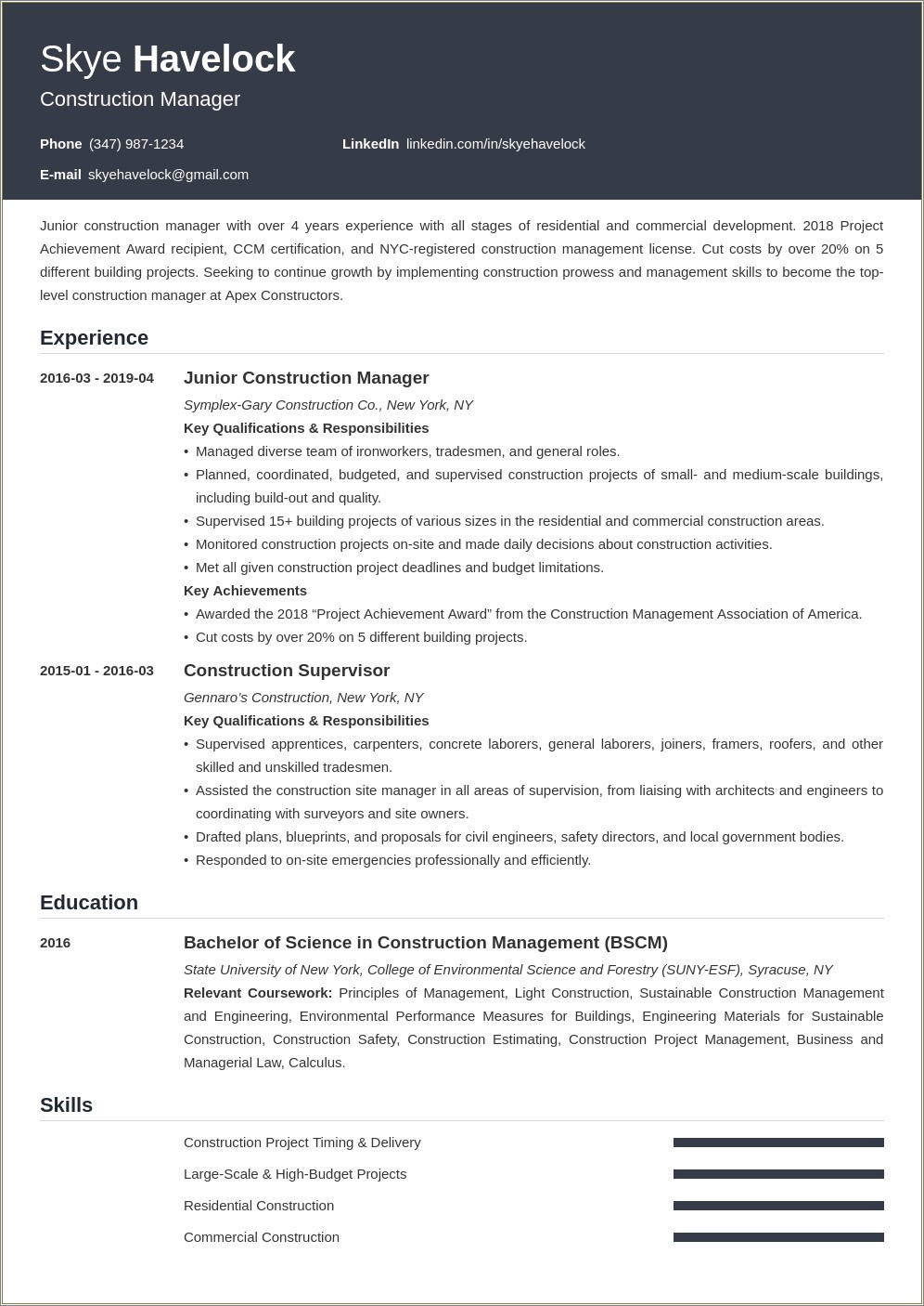 Construction Management Resume Examples And Samples