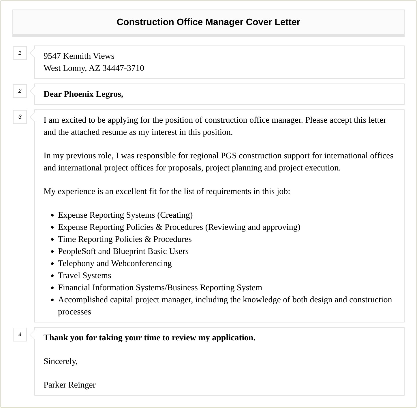 Construction Office Manager Resume Cover Letter