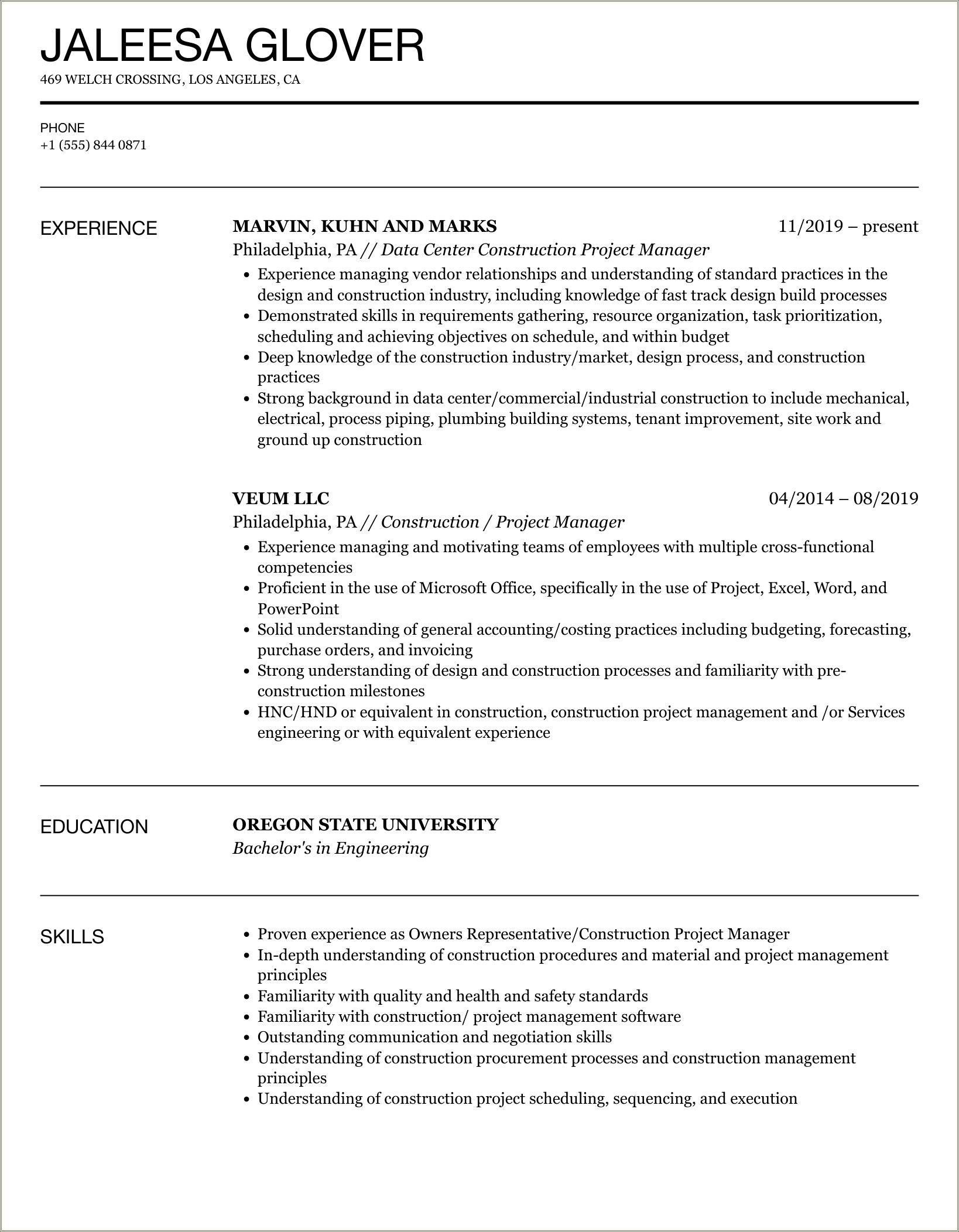 Construction Project Manager Demoliiton Description For Resume