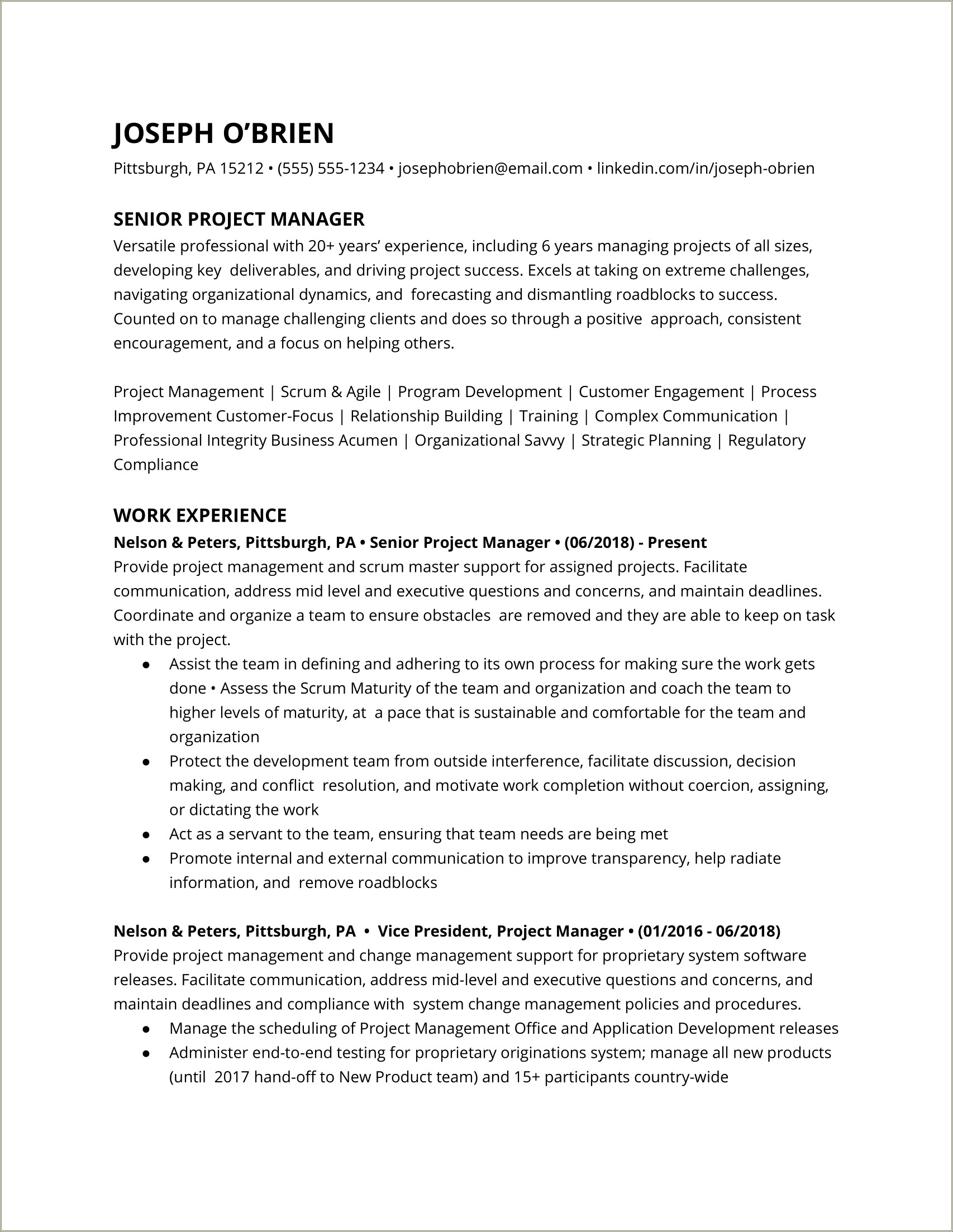 Construction Project Manager Description For Resume