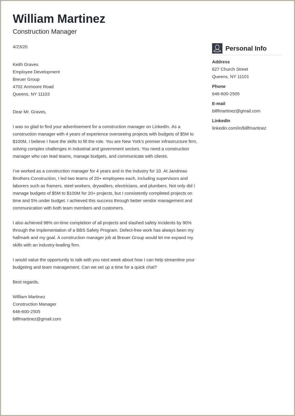 Construction Resume Cover Letter Template Free Download
