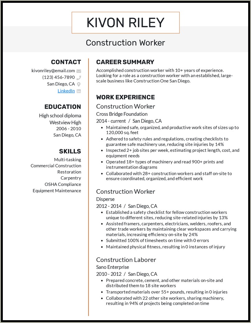 Construction Skills To Put On A Resume