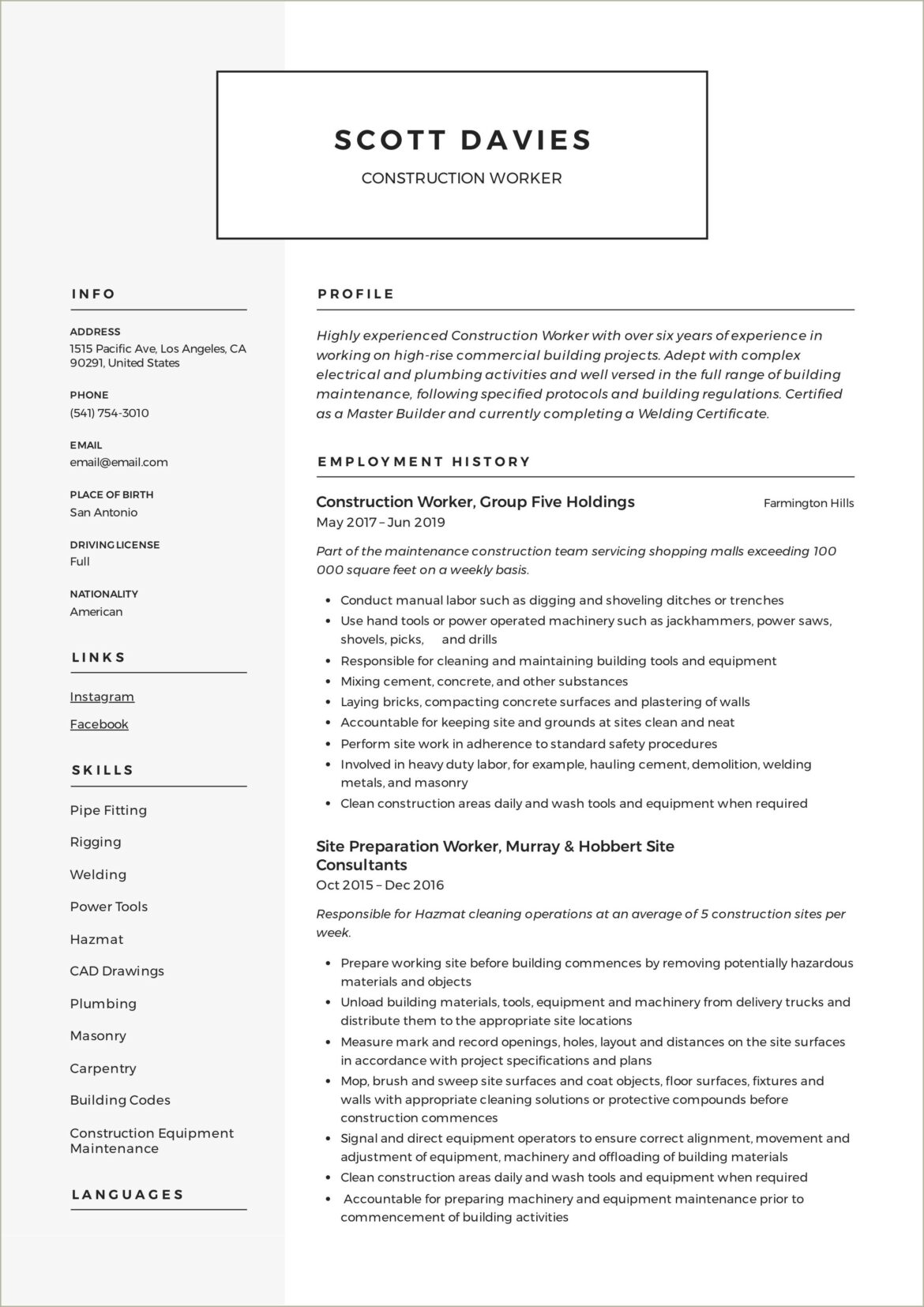 Construction Work Skills List For Resume