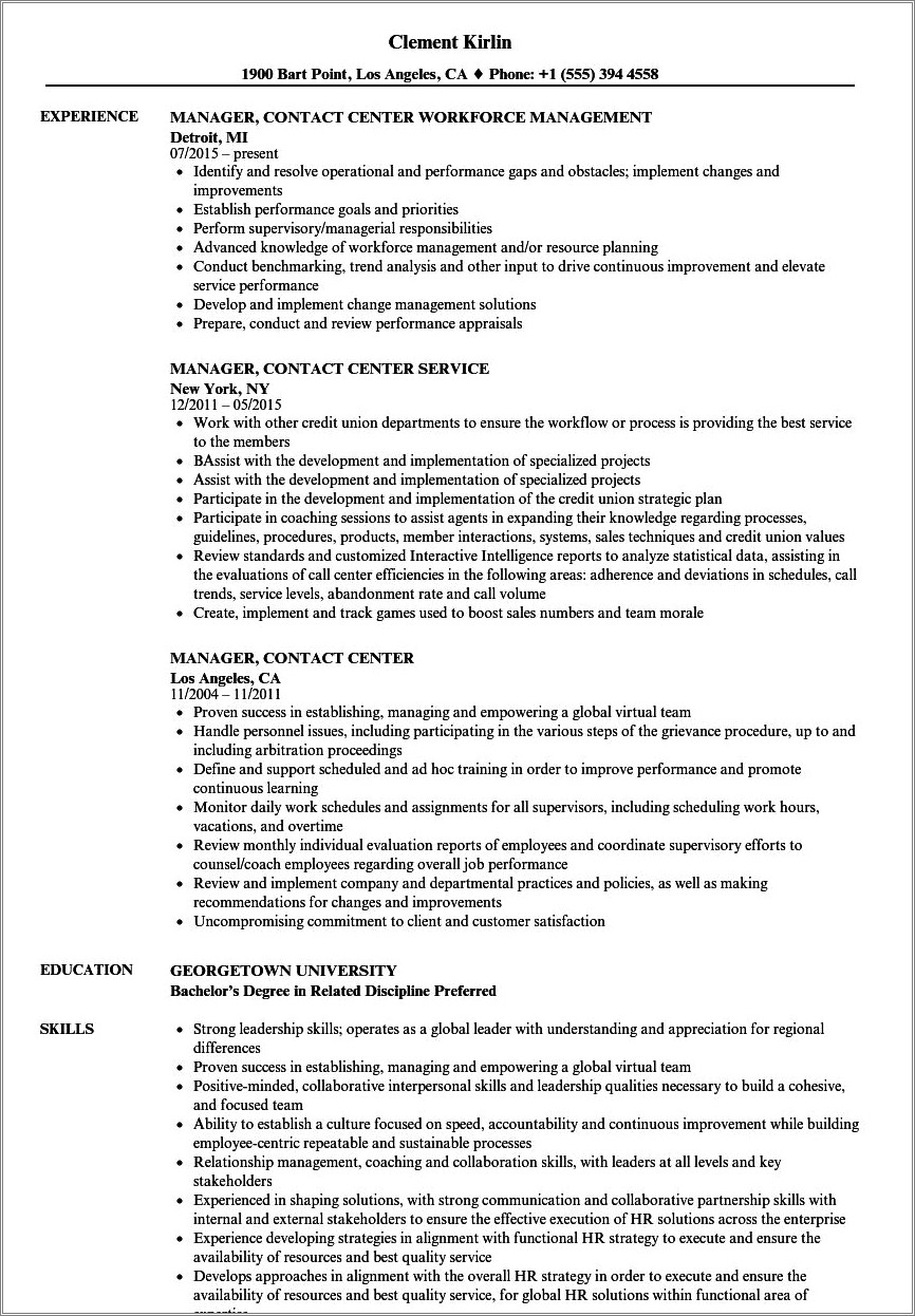 Contact Center Manager Resume Sample Accomplishments