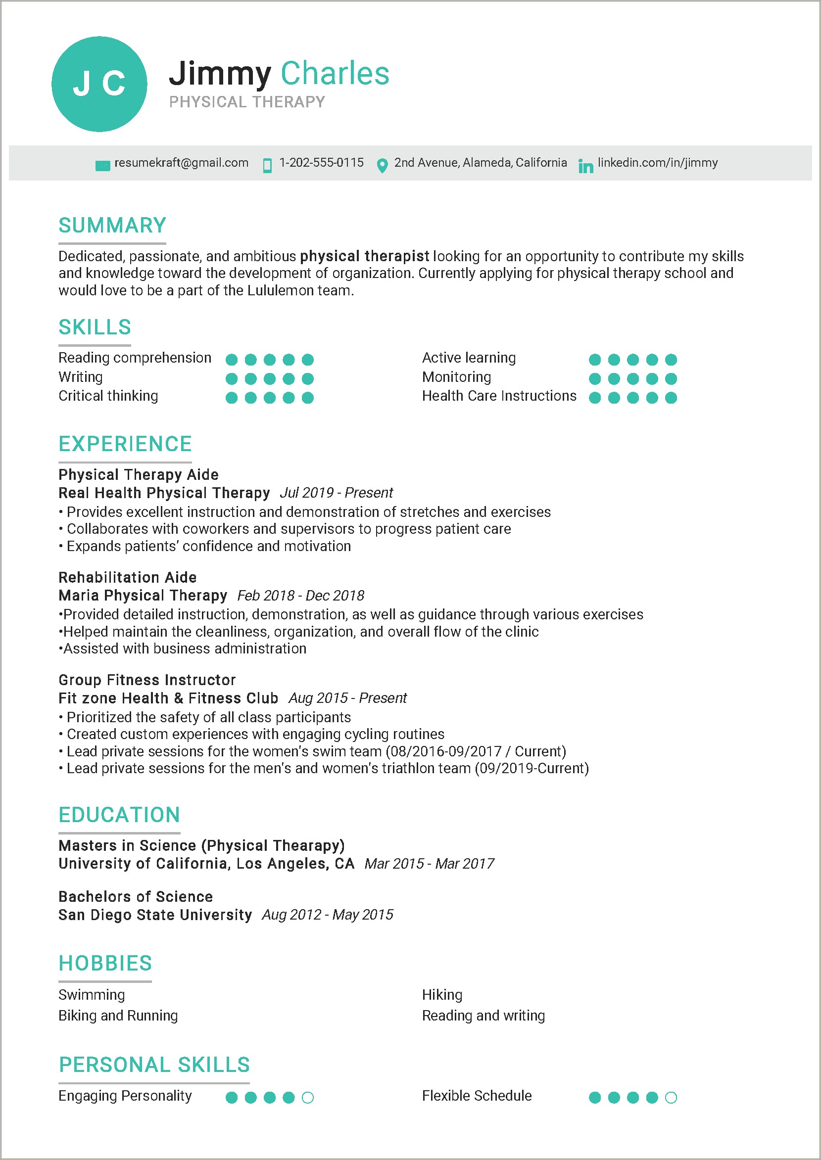 Content Headers Physical Therapist Resume New Grad Example
