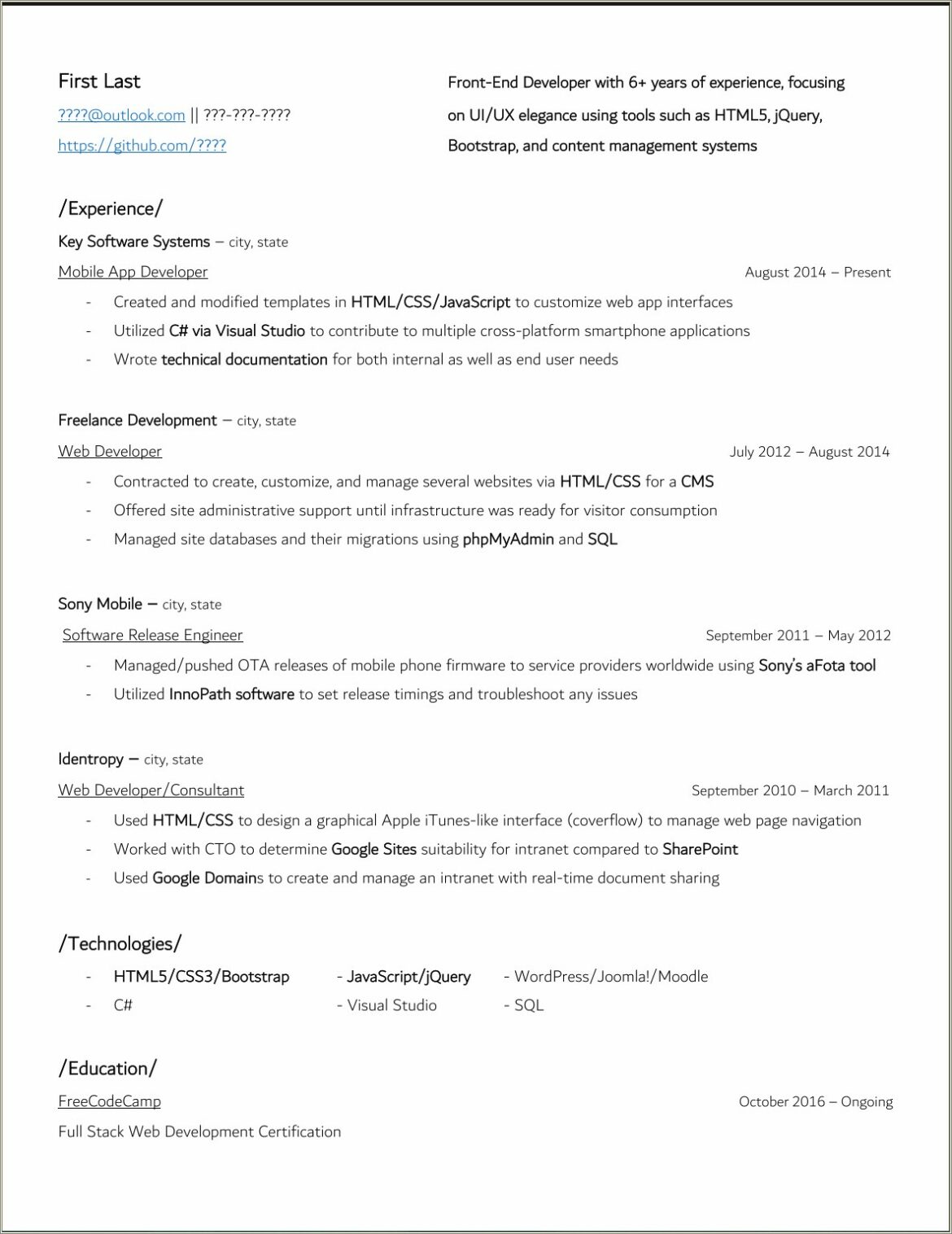 Content Management System Web Developer Resume