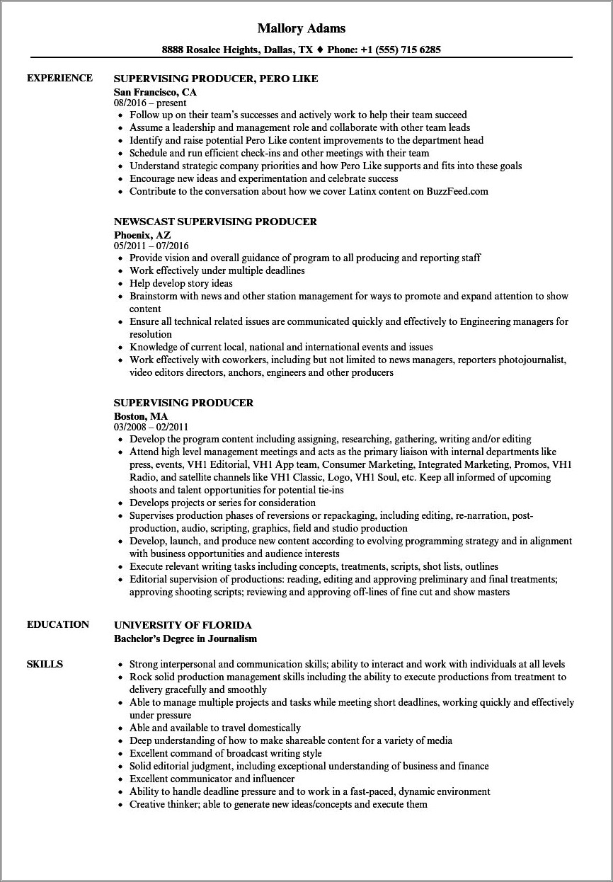 Content Tv Producer Resume Objective Examples Word