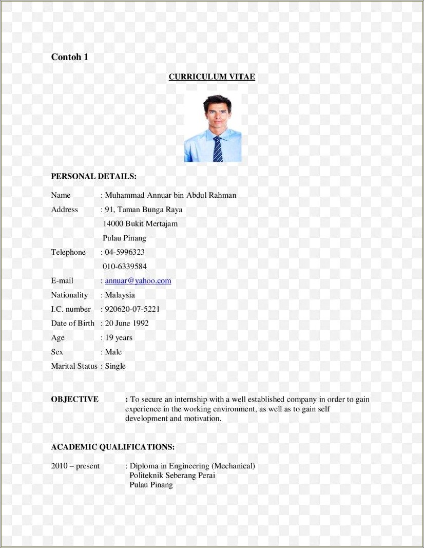 Contoh Personal Resume And Motivation Letter