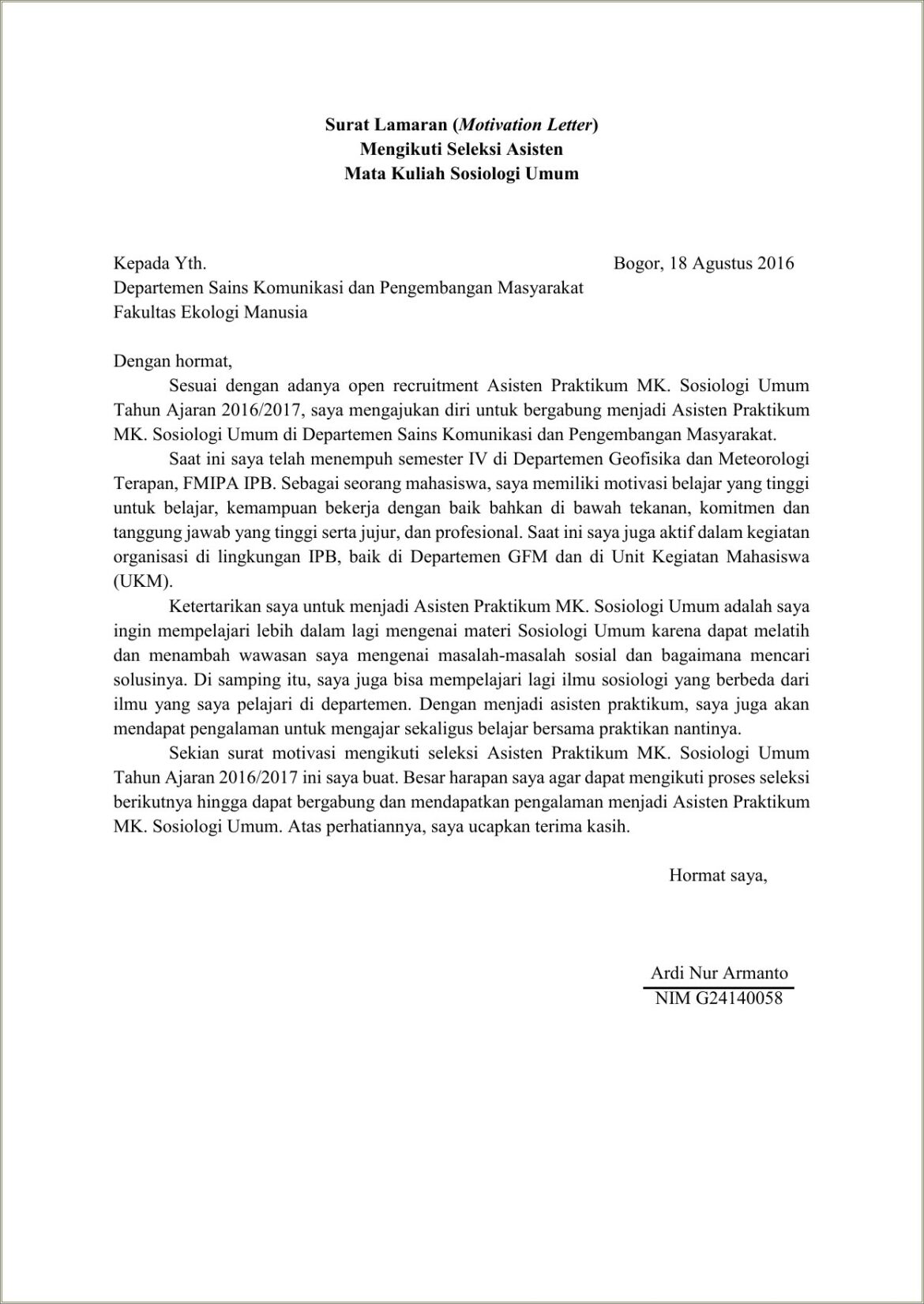 Contoh Resume Letter Dalam Bahasa Indonesia