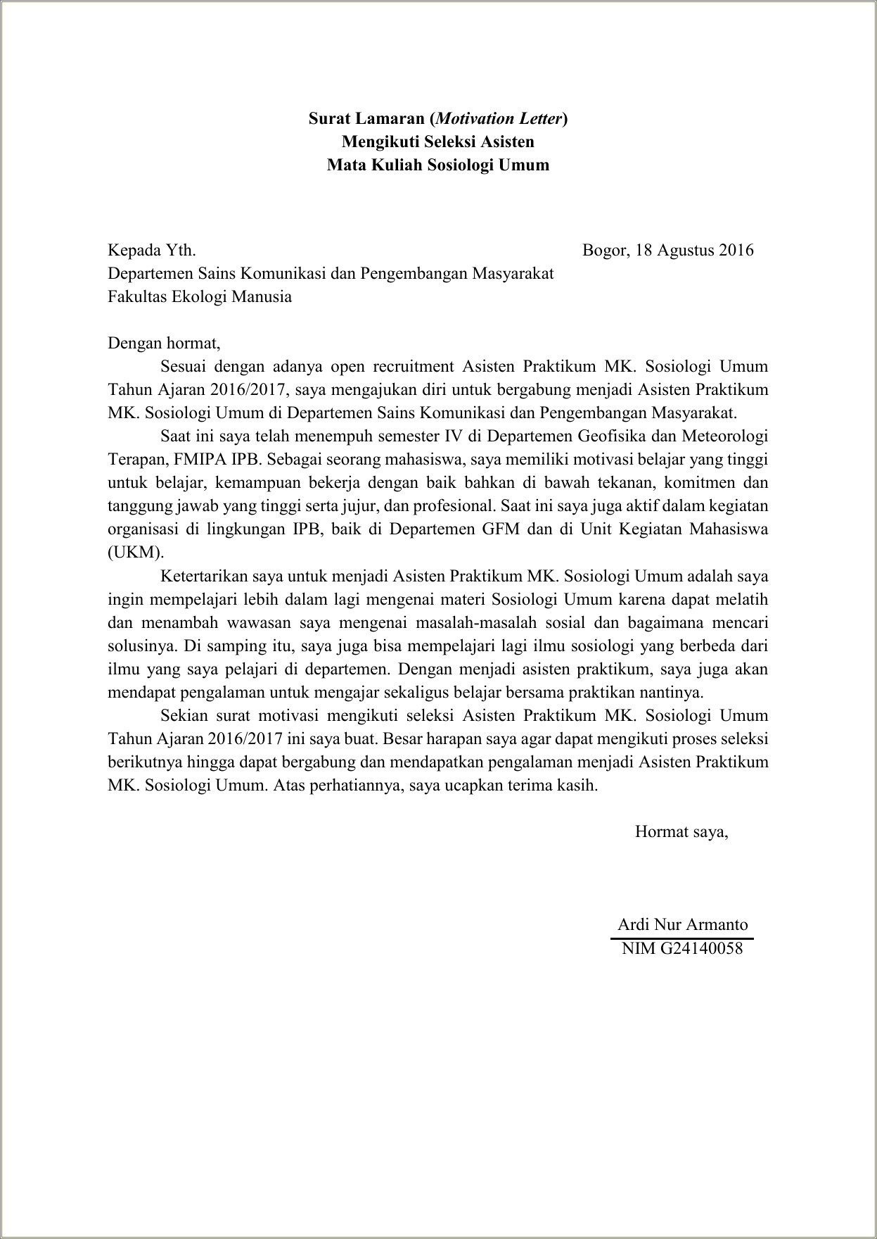 Contoh Resume Letter Dalam Bahasa Indonesia