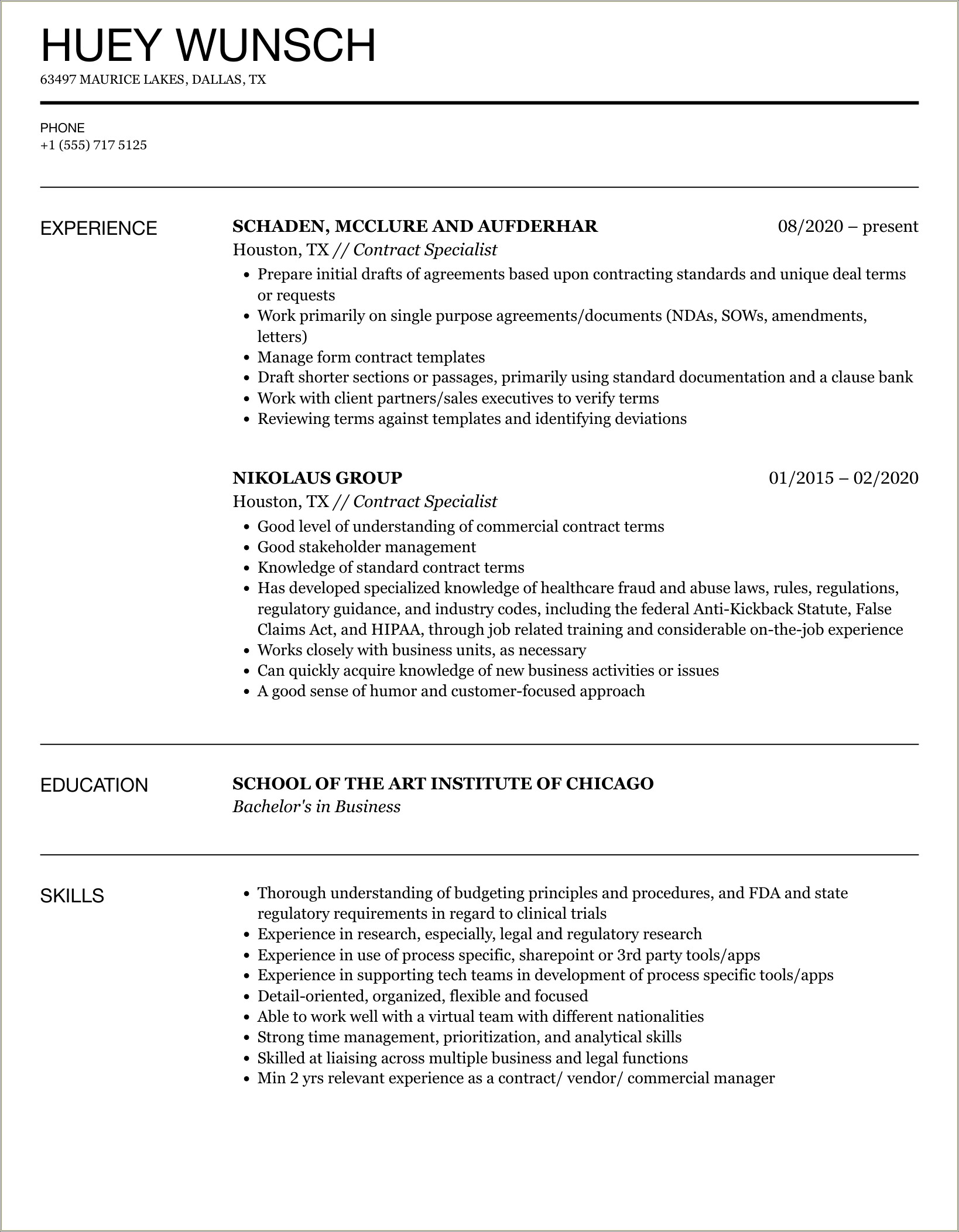 Contract Specialist Job Description For Resume