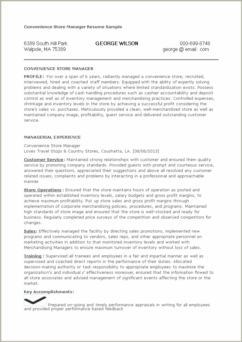 Convenience Store Assistant Manager Job Description Resume