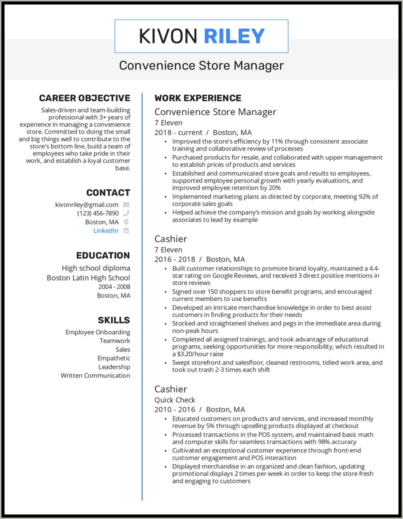 Convience Store Manager Job Description For Resume