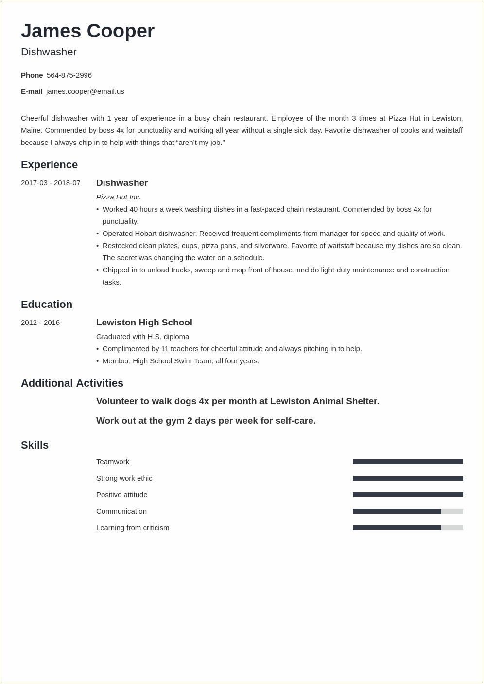 Cook Dishwasher Job Description For Resume