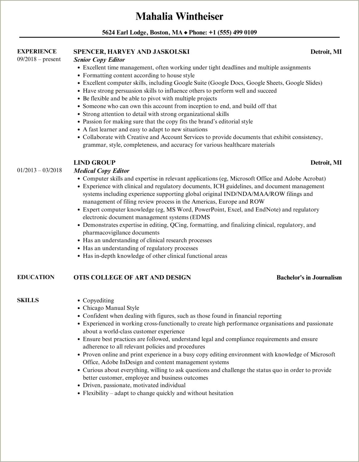 Copy Editor Resume Example For No Experienced