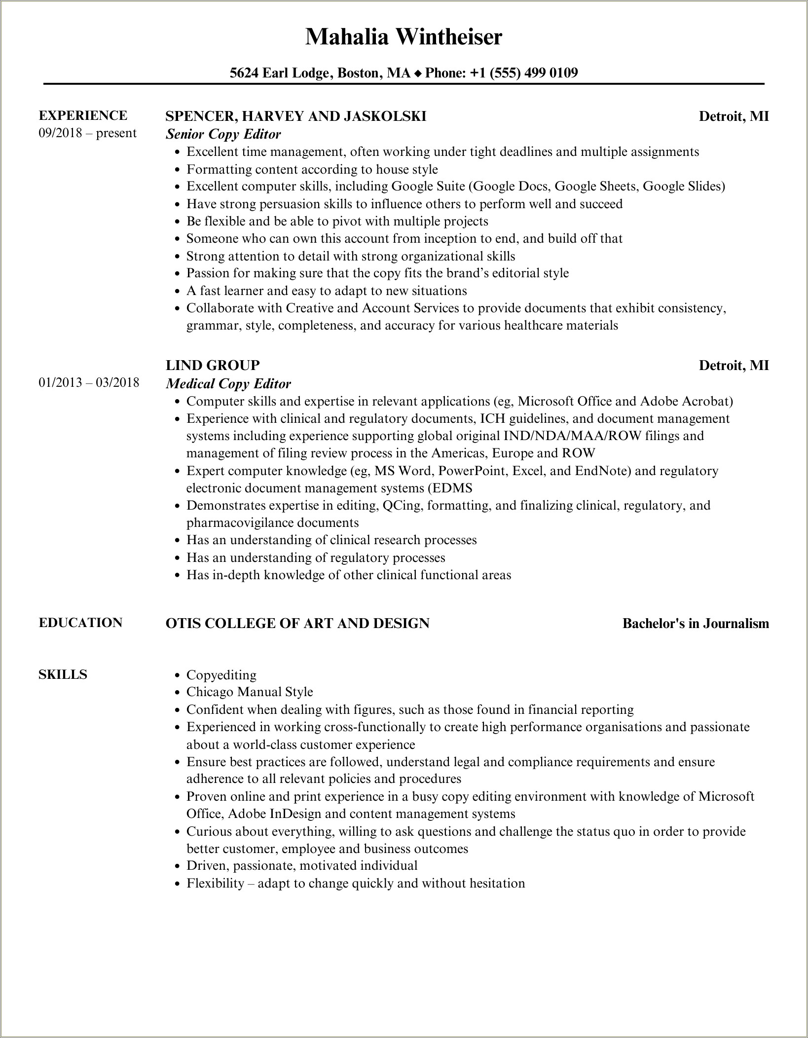 Copy Editor Resume Example For No Experienced
