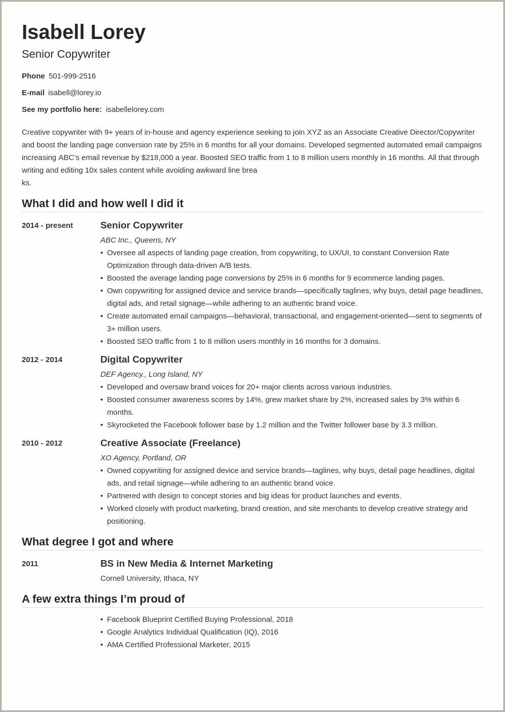 Copywriter Resume Samples With Career Summary Core