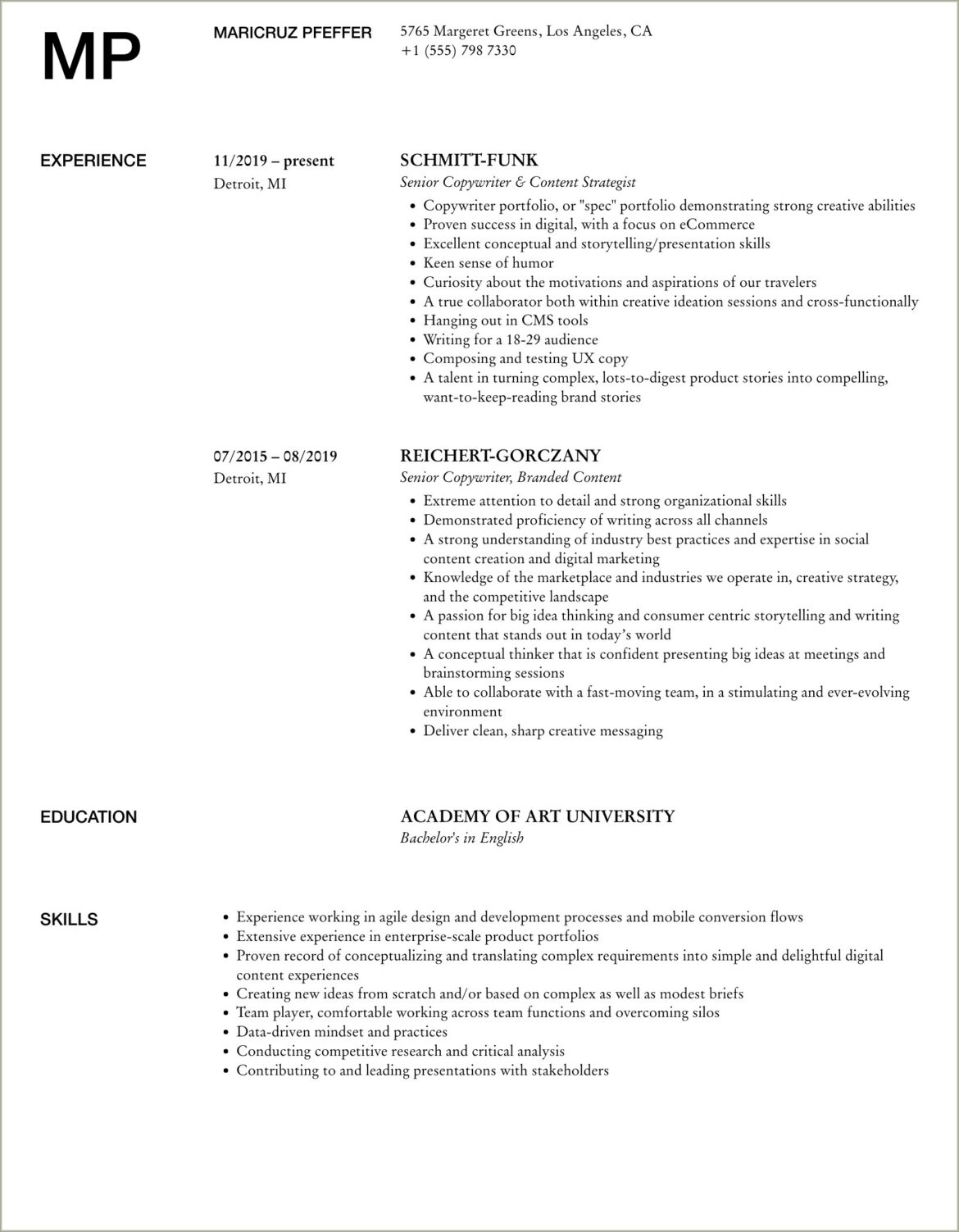 Copywriter Resume With Long Gap In Experience