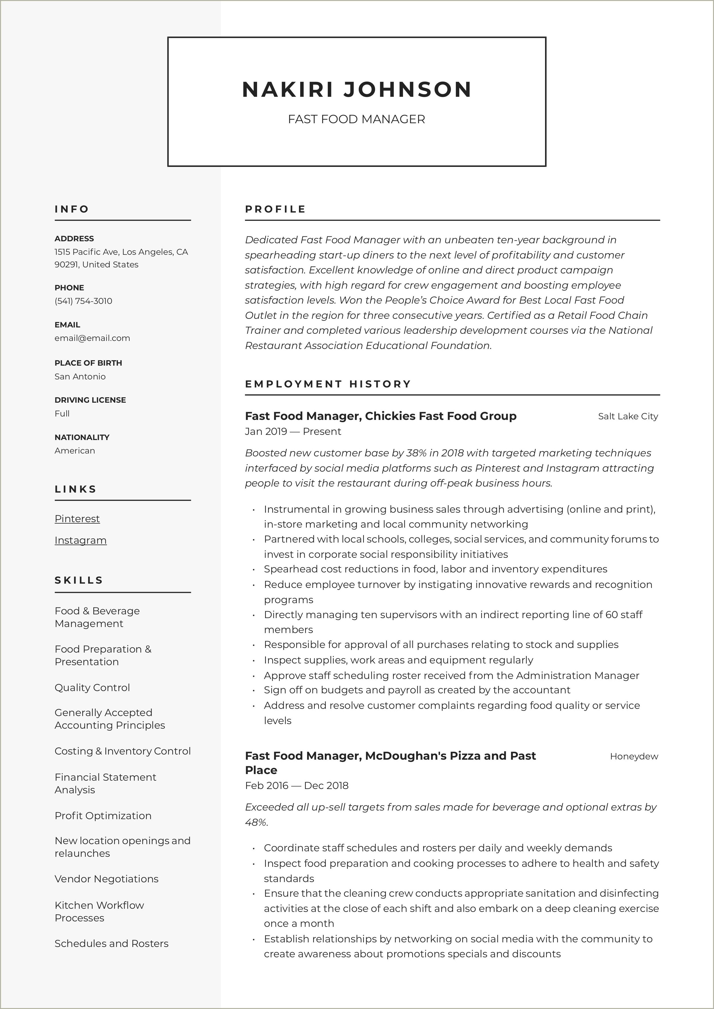 Core Skills For Fast Food Resume