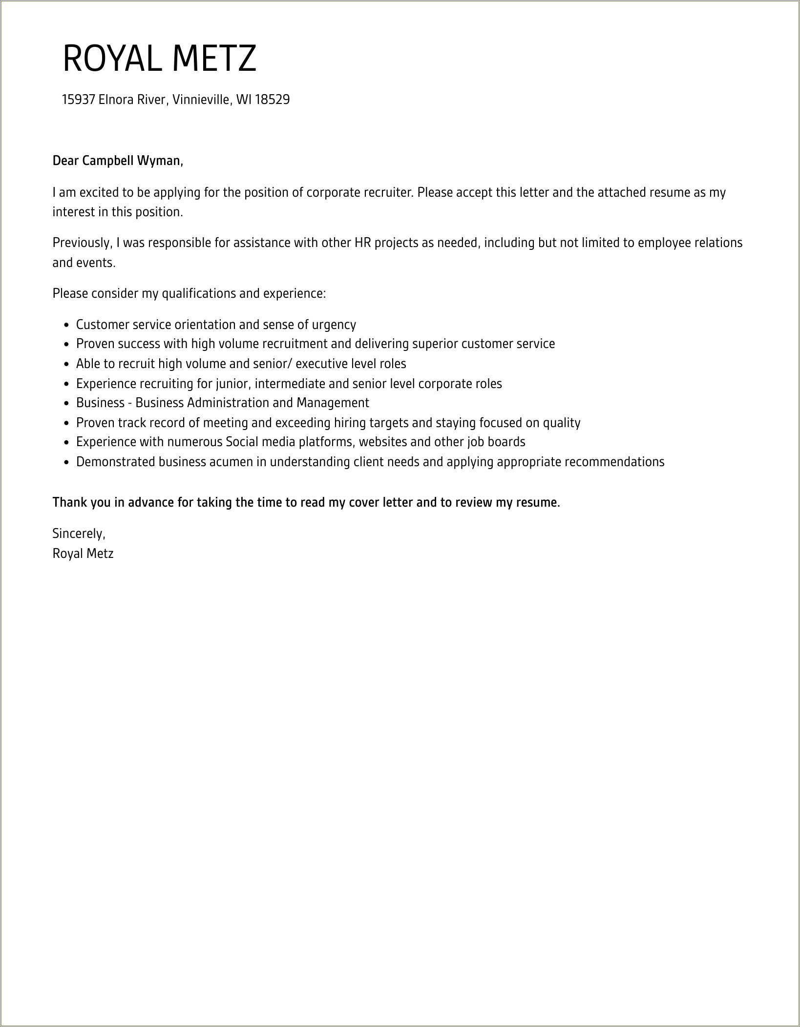 Corporate Recruiter Cover Letter For Resume Bestsampleresumebestsampleresume