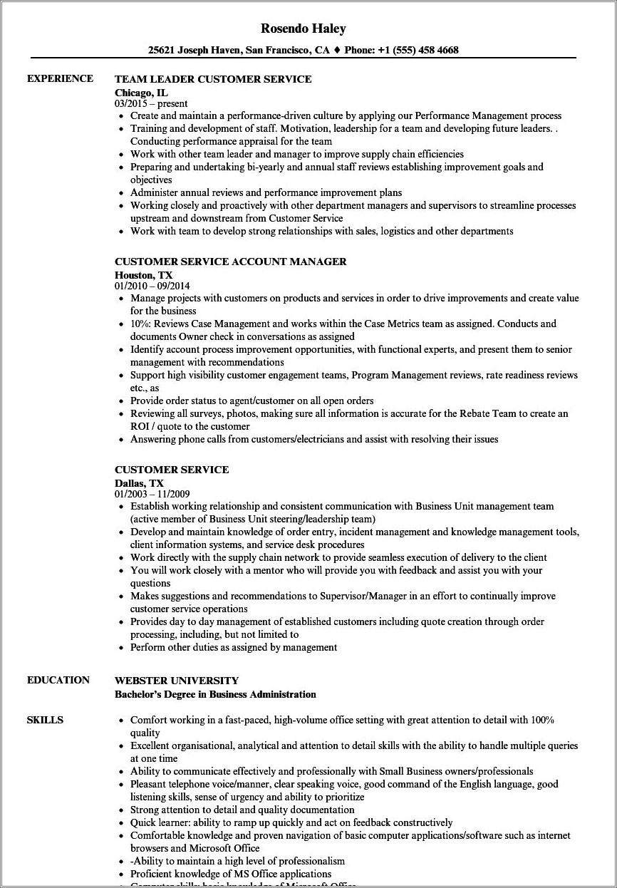 Costumer Service Being A Skill In A Resume