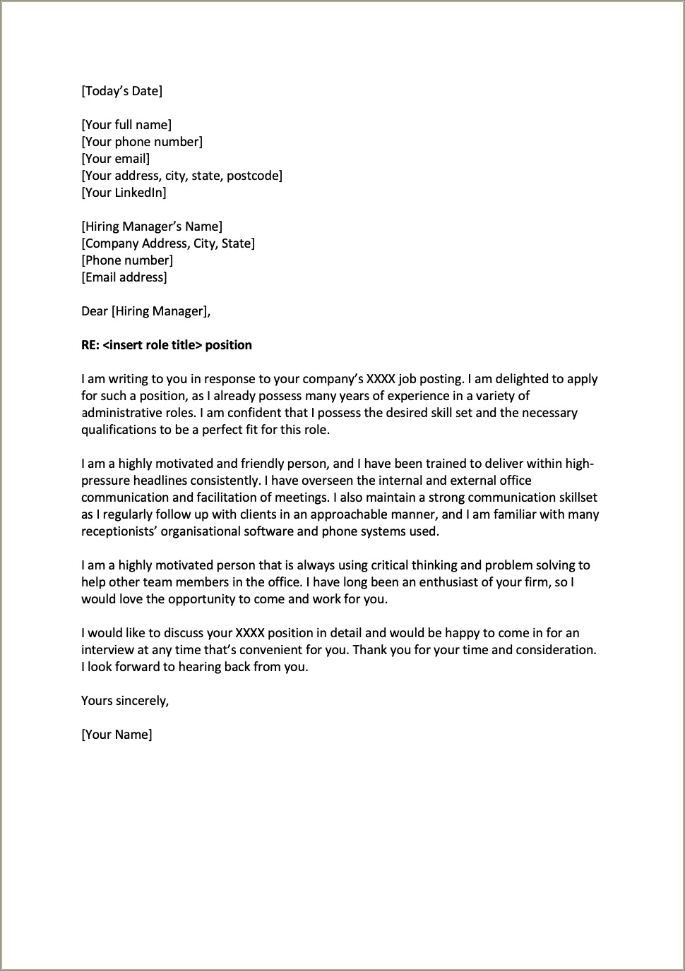 Cover Letter Example For Resume Receptionist