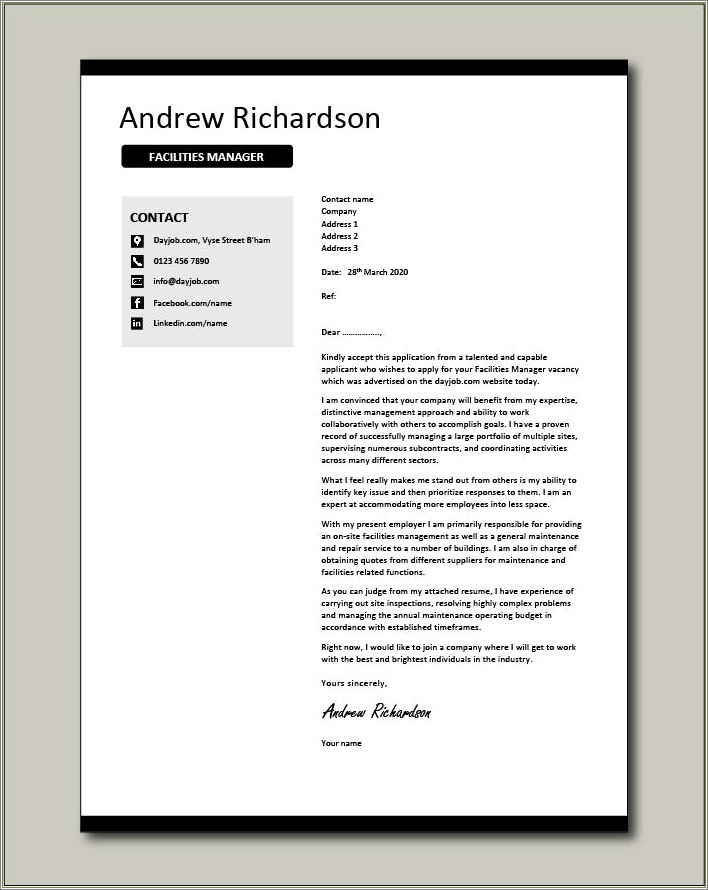 Cover Letter Examples For Resume Manager