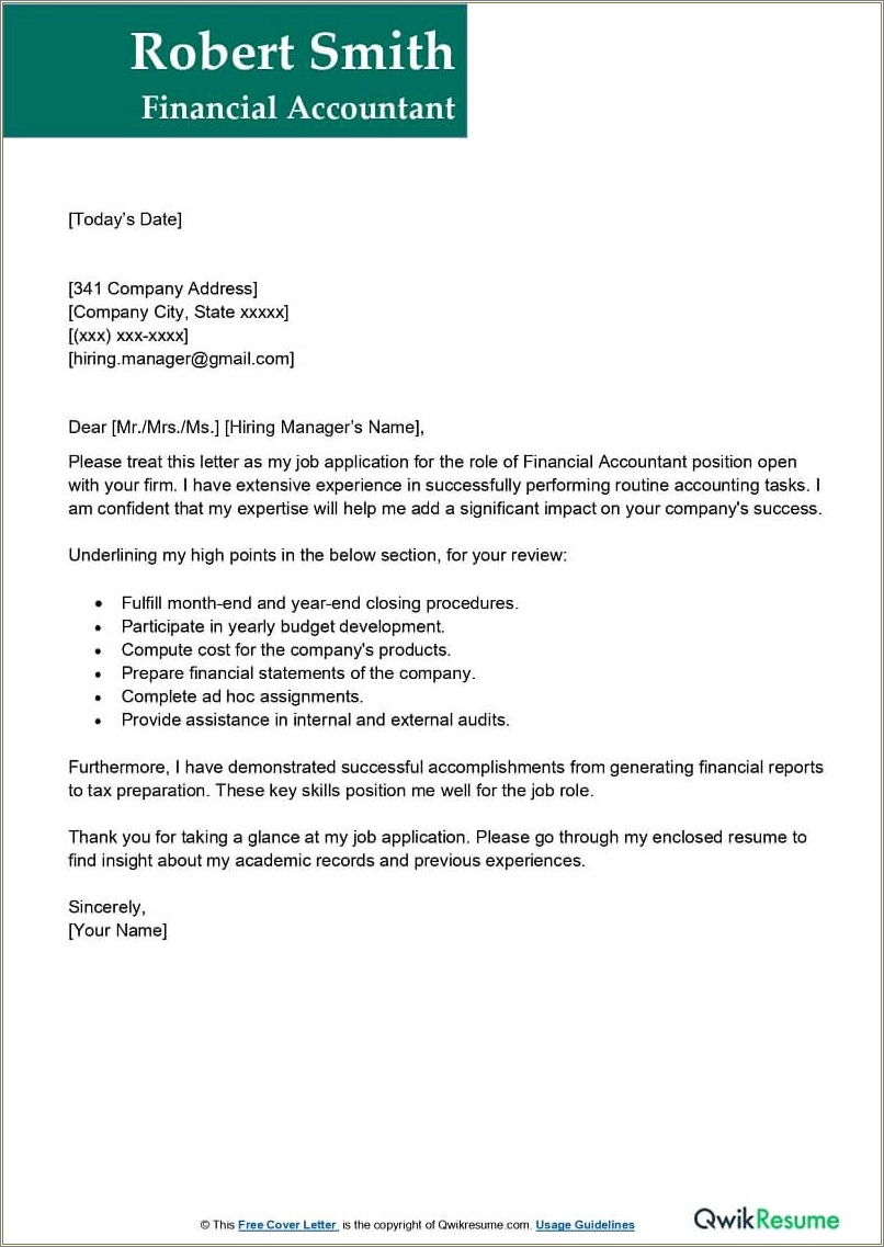 Cover Letter For Accounting Job Resume