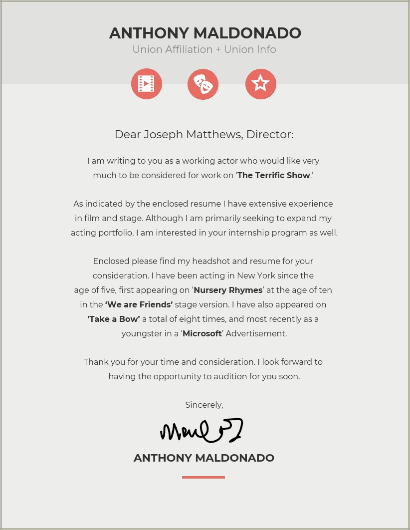 Cover Letter For Acting Resume Example