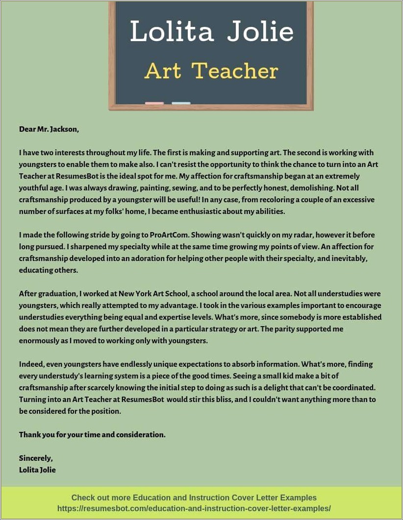 Cover Letter For Art Teacher Resume