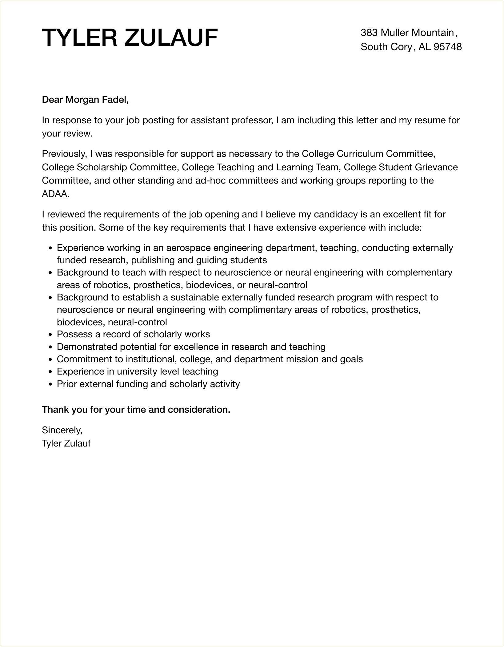 Cover Letter For Assistant Professor Resume