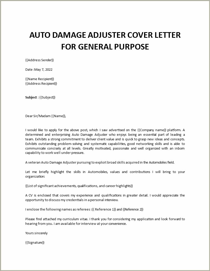 Cover Letter For Auto Property Damage Adjuster Resume