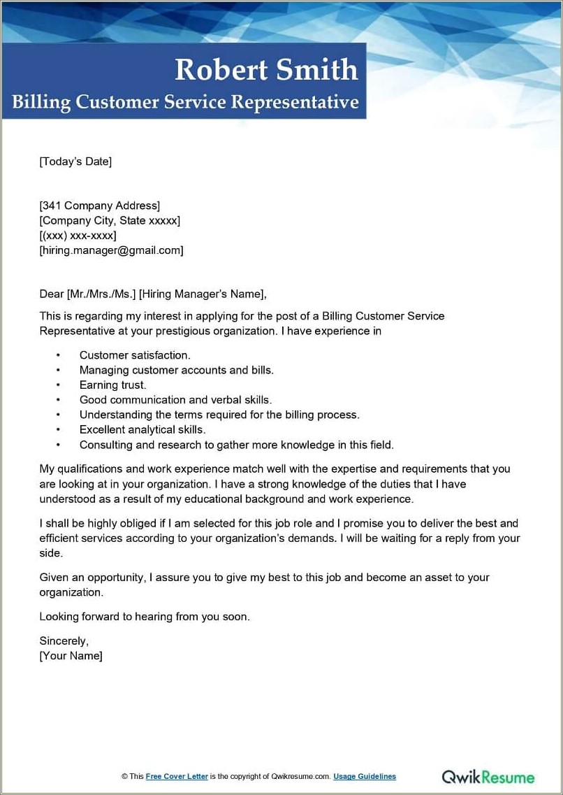 Cover Letter For Customer Service Representative Resume
