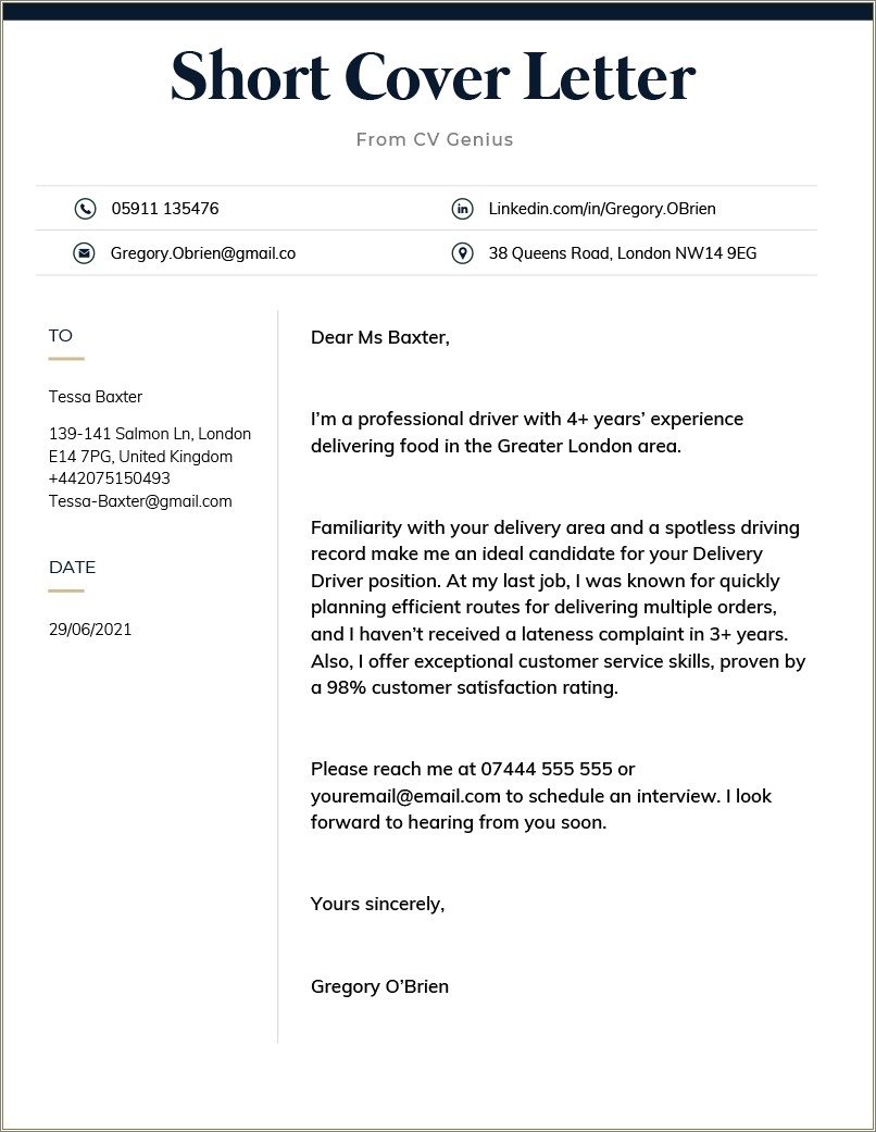 Cover Letter For Hand Deliver Resume