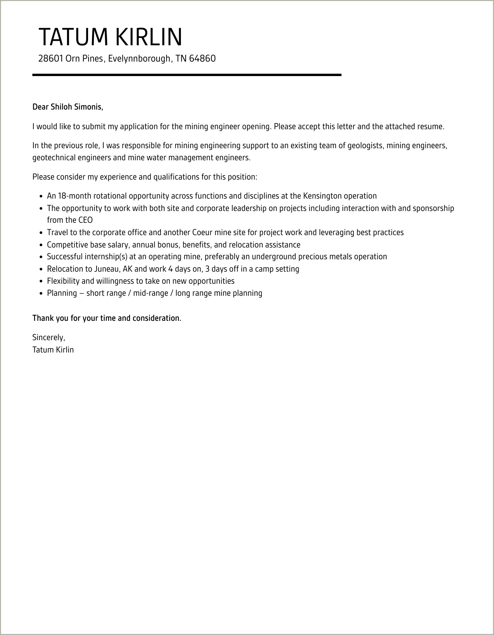 Cover Letter For Mining Engineer Resume
