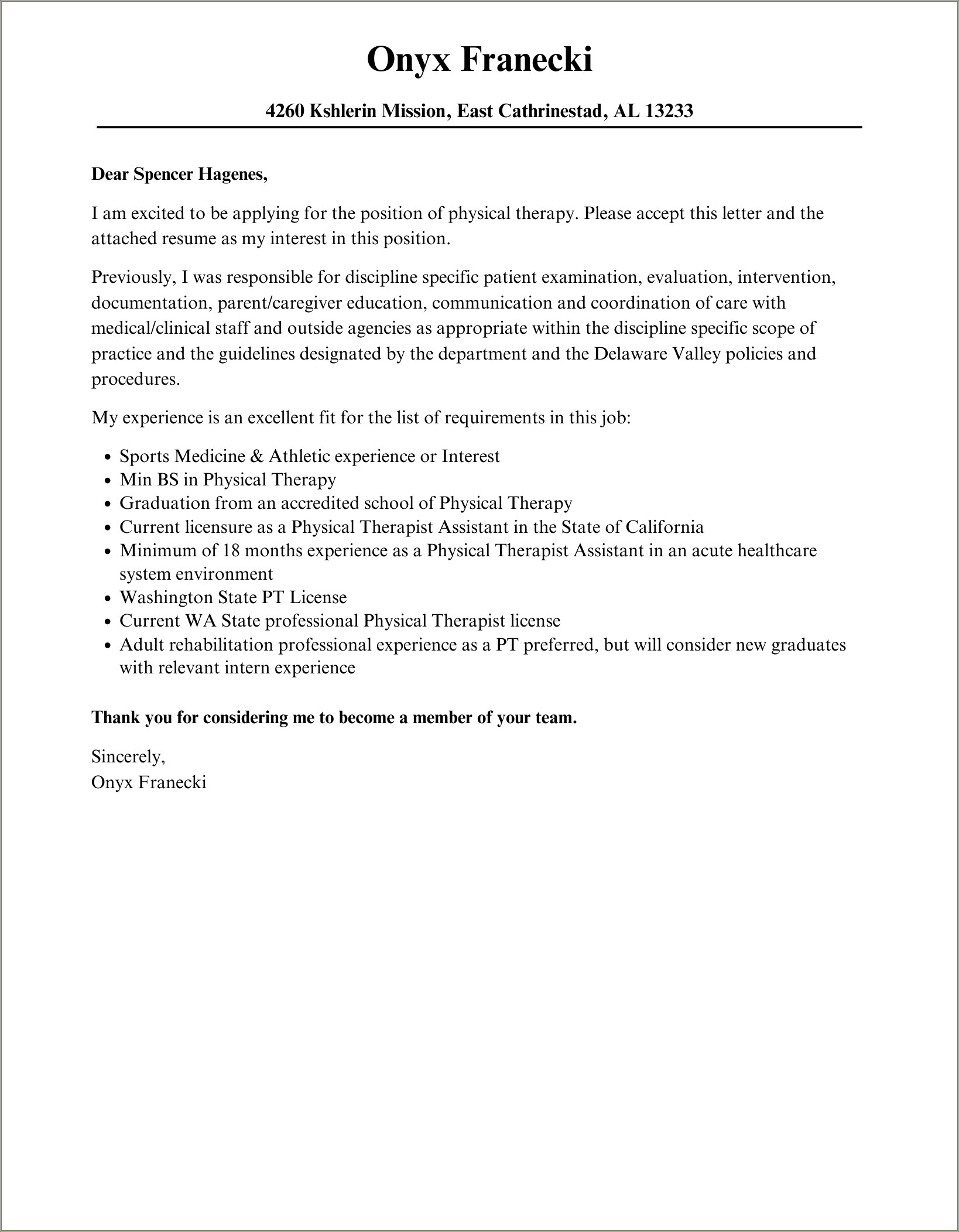 Cover Letter For Physical Therapist Resume