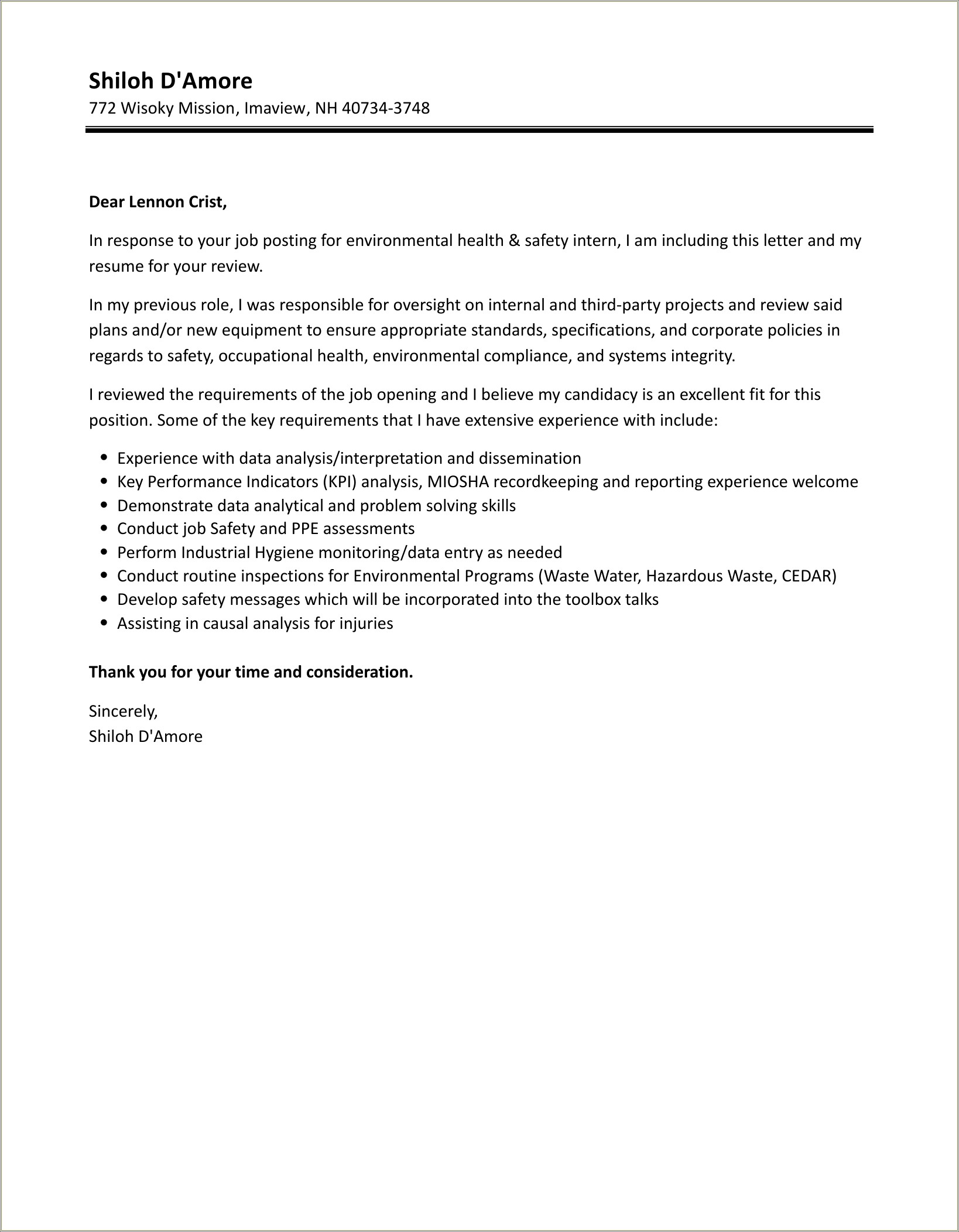 Cover Letter For Resume As Human Factors Intern