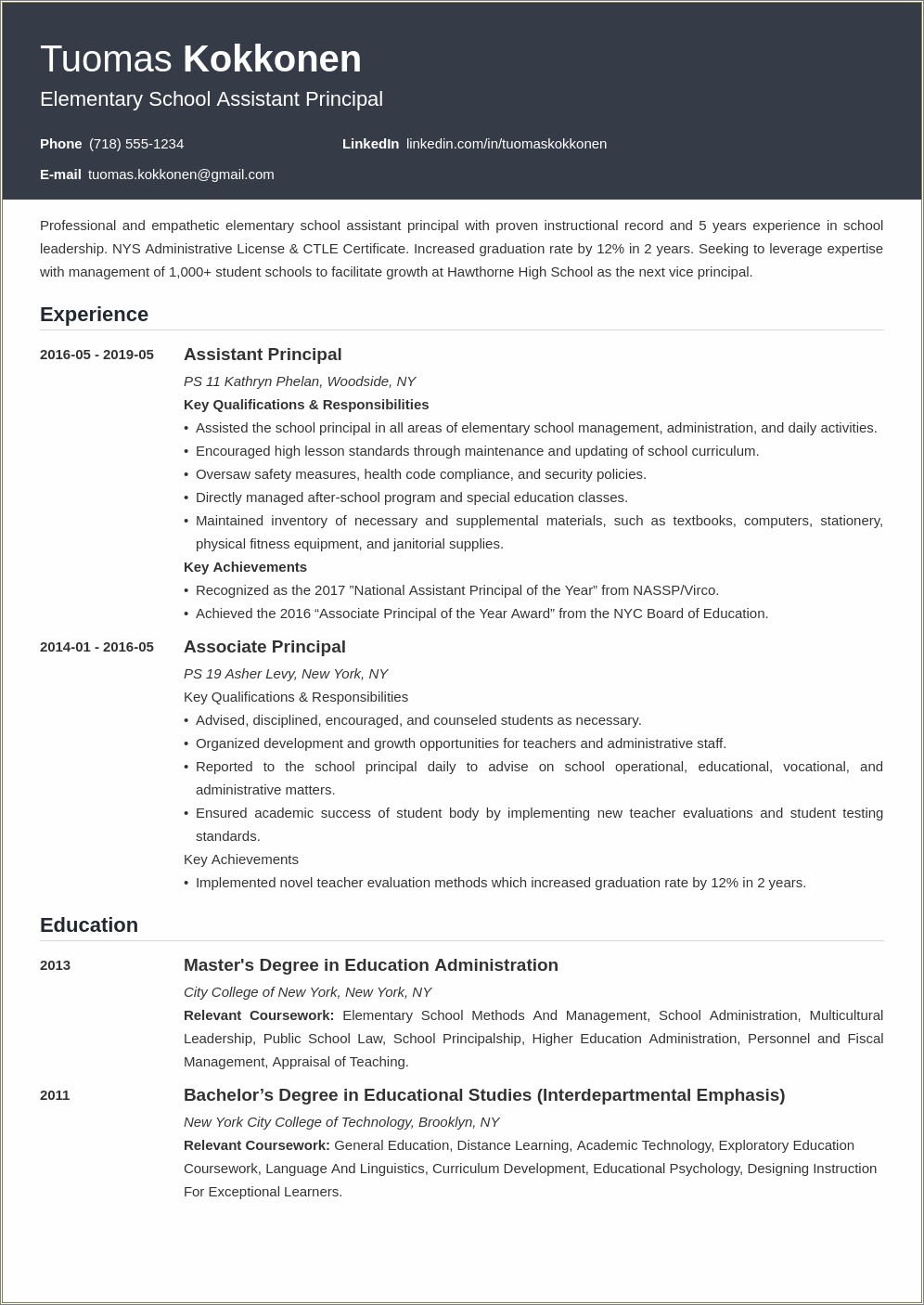 Cover Letter For Resume Assistant Principal