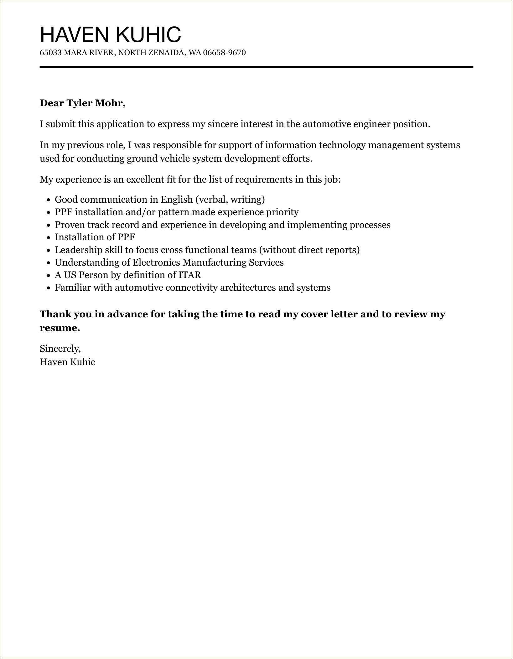 Cover Letter For Resume Automotive Engineer