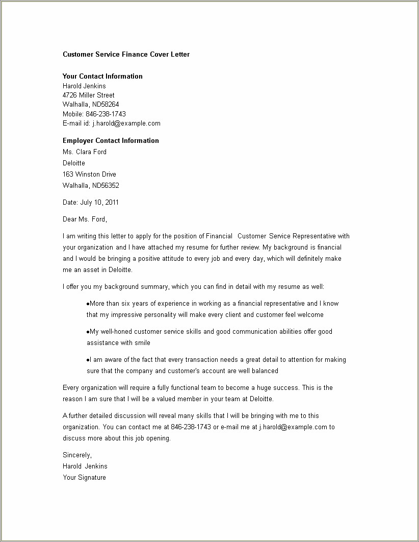 Cover Letter For Resume Customer Service Representative