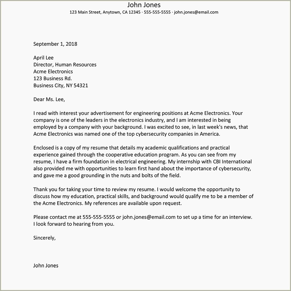 Cover Letter For Resume Electrical Engineer