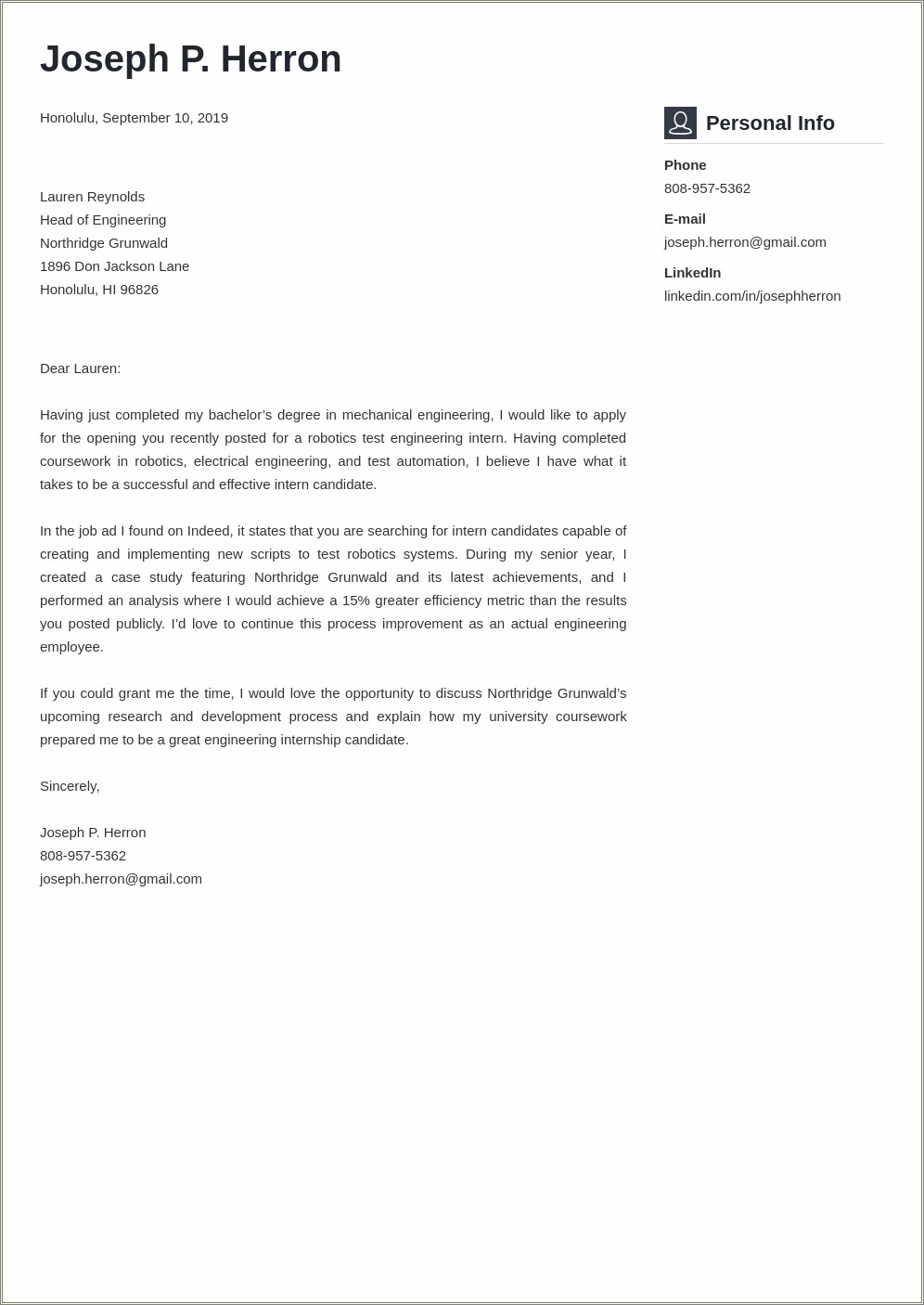 Cover Letter For Resume Engineer