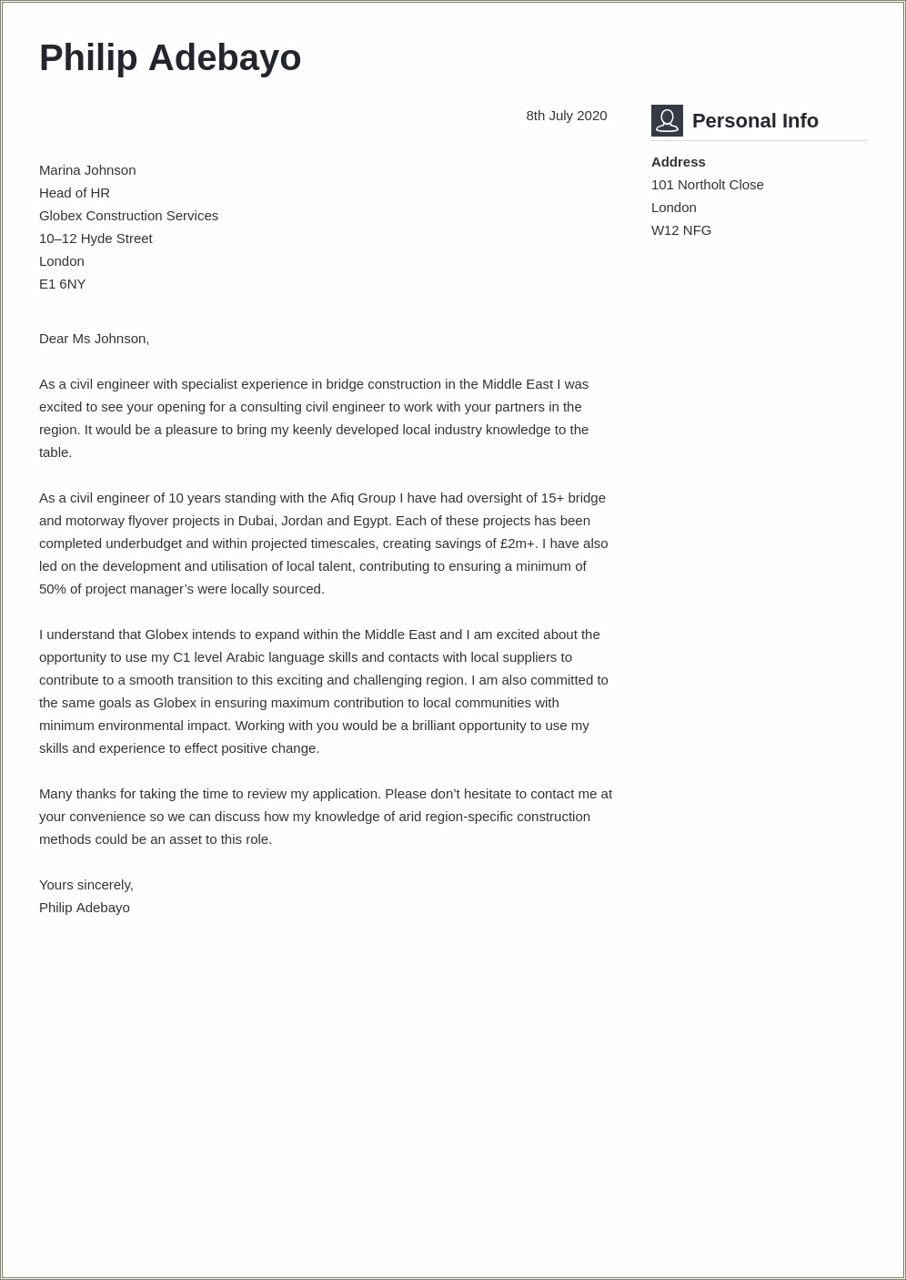 Cover Letter For Resume Engineering Examples