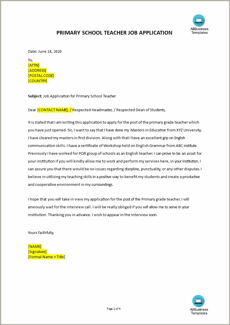 Cover Letter For Resume English Teacher
